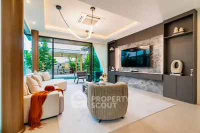 Luxurious modern living room with elegant decor and garden view