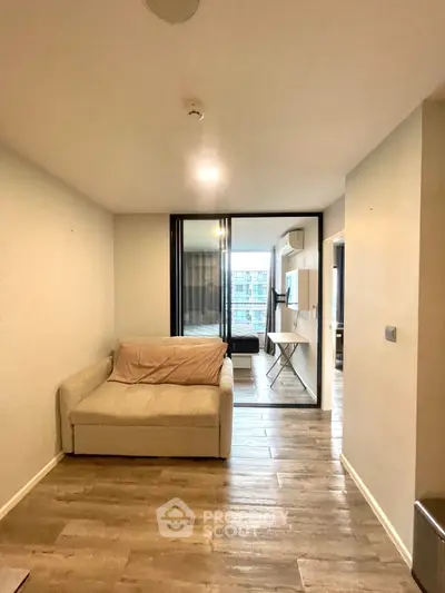 Modern apartment interior with cozy living area and stylish wooden flooring