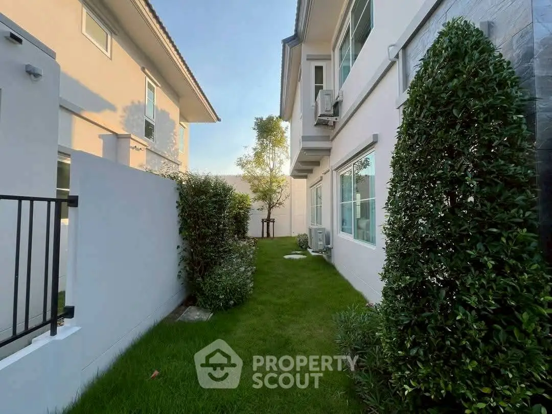 Charming side garden with lush greenery and modern exterior design.