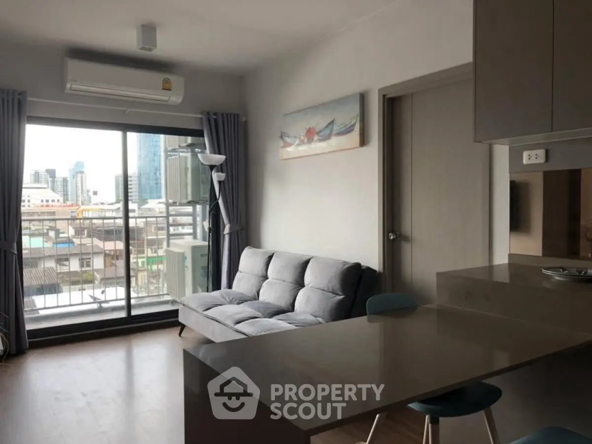 Modern living room with city view and stylish furniture