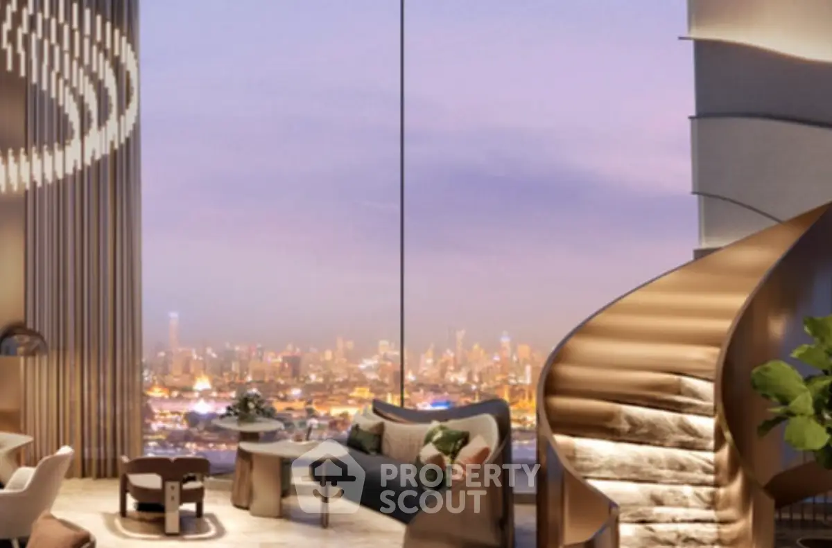 Luxurious living room with stunning city view and elegant spiral staircase