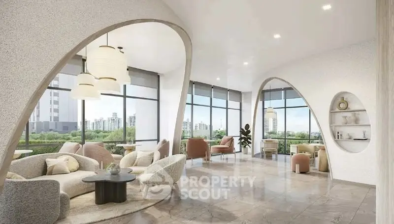 Luxurious modern living room with panoramic city views and elegant decor