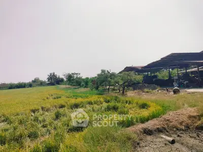 Expansive rural landscape with lush greenery and rustic structures, ideal for agricultural development.