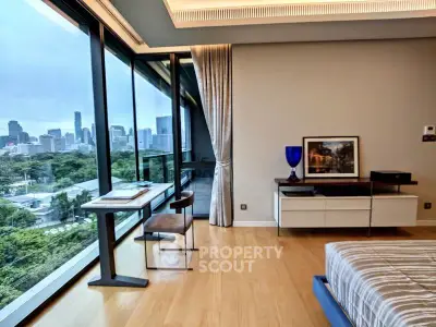 Luxurious bedroom with stunning city view and modern decor
