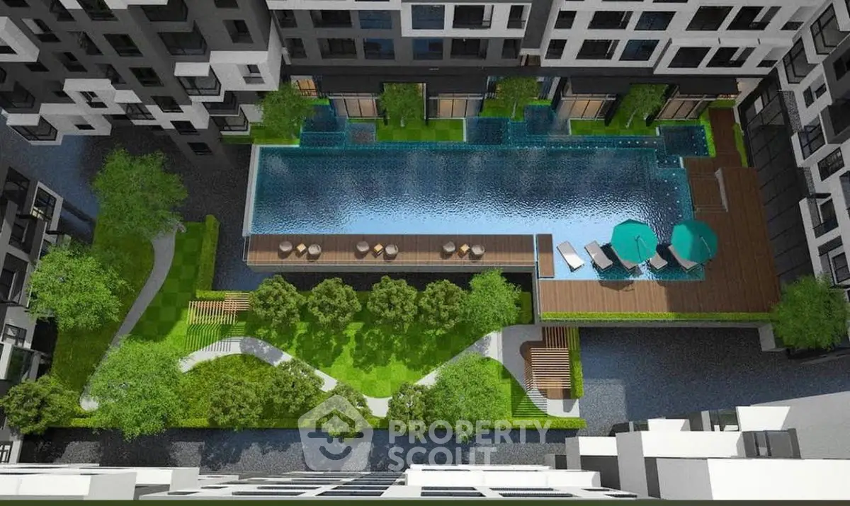 Luxurious rooftop pool with lush garden in modern apartment complex