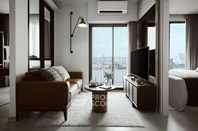 Modern living room with city view, stylish furniture, and natural light.