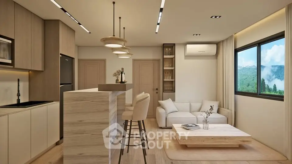 Modern open-layout living room with kitchen, featuring sleek design and scenic window view.