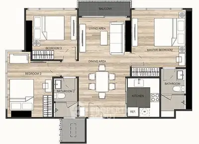 Modern apartment floor plan with three bedrooms, two bathrooms, and open living area.