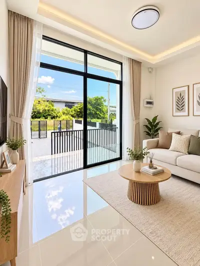 Bright and modern living room with large windows and stylish decor
