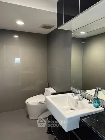 Modern bathroom with sleek fixtures and elegant design, featuring a spacious sink and contemporary toilet.
