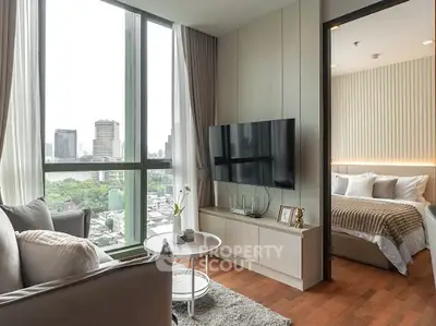 Luxurious modern living room with city view and adjacent cozy bedroom