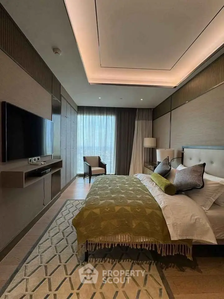 Luxurious modern bedroom with elegant decor and large window view
