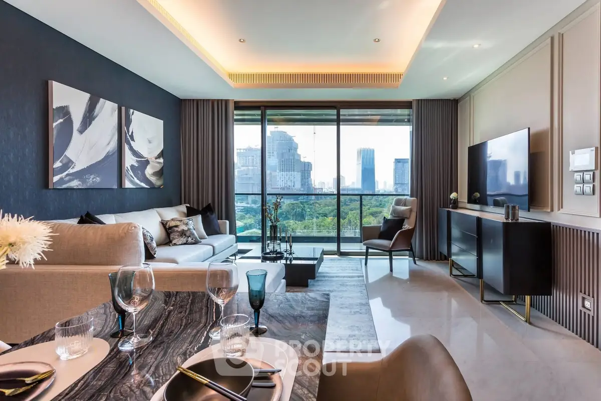 Luxurious modern living room with city view and elegant decor