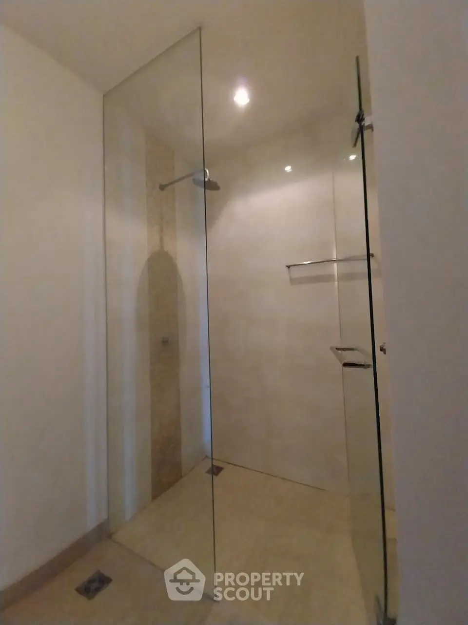 Modern minimalist shower with glass enclosure and recessed lighting
