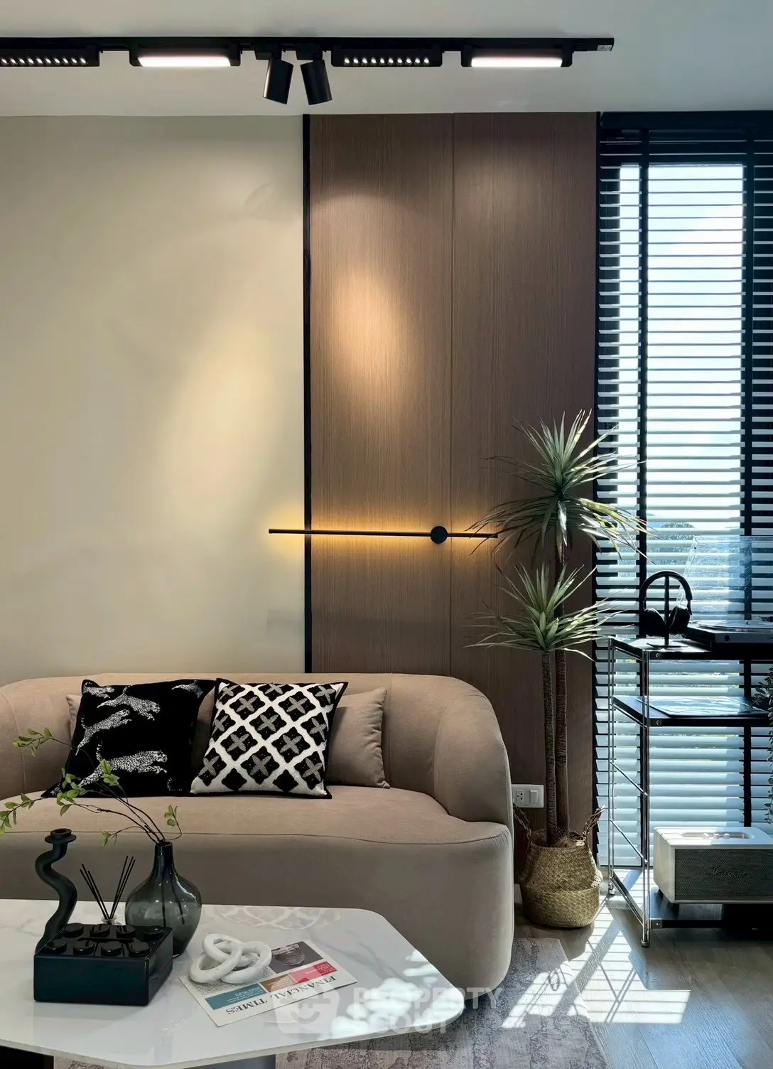 Modern living room with stylish decor and natural light