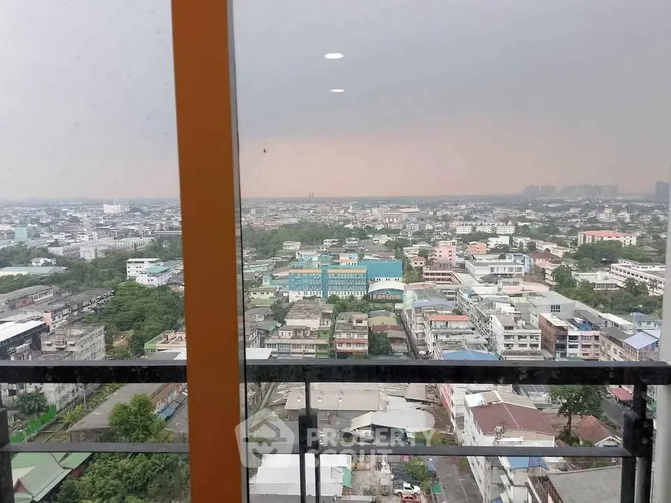 Stunning cityscape view from high-rise building window, showcasing urban landscape and skyline.