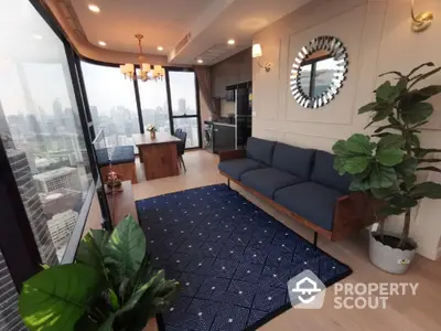 Luxurious corner unit living room with stunning city view and modern decor