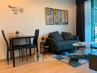 Modern living room with stylish decor, cozy sofa, and dining area, perfect for urban living.