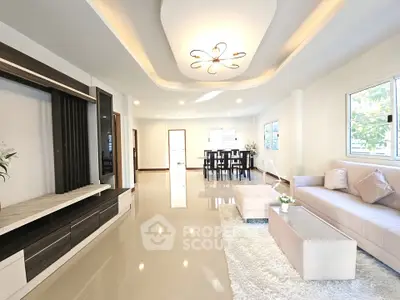 Spacious modern living room with elegant lighting and plush seating