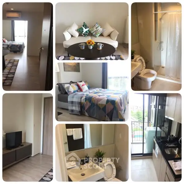 Modern apartment interior with cozy living room, stylish kitchen, and comfortable bedroom.