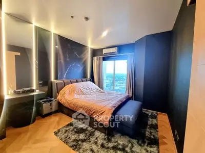 Luxurious bedroom with stunning city view and modern decor