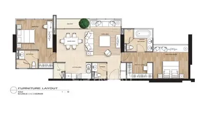 Modern apartment floor plan with two bedrooms and spacious living area.