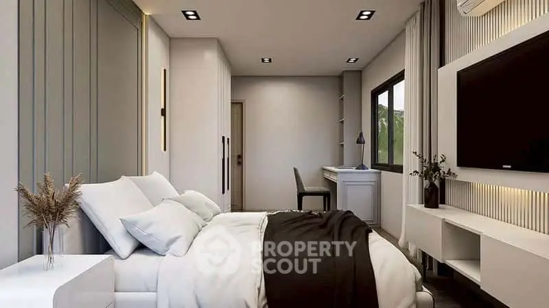 Modern bedroom with sleek design and large window view