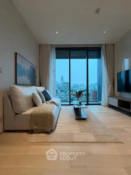 Luxurious living room with stunning city view, modern decor, and floor-to-ceiling windows.