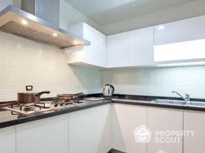 Modern kitchen with sleek cabinets and gas stove, perfect for culinary enthusiasts.