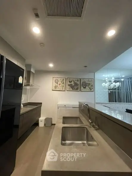 Modern kitchen with dual sinks and sleek cabinetry in a stylish apartment.