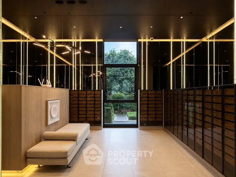 Luxurious modern building entrance with sleek design and garden view