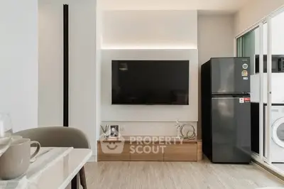 Modern living room with sleek TV setup and stylish decor