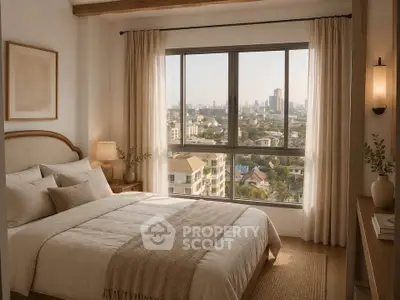 Elegant bedroom with large window offering stunning city view, cozy decor, and natural light.