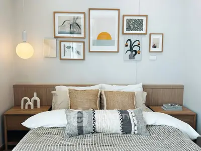 Stylish bedroom with modern decor and cozy bedding