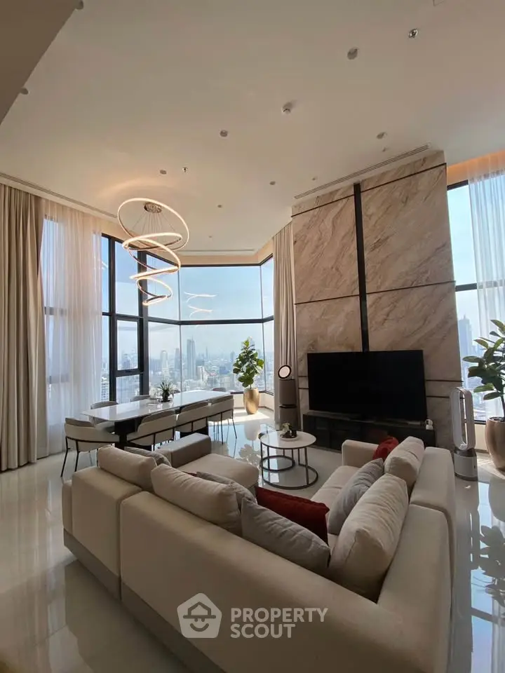 Luxurious high-rise living room with stunning city views and modern decor