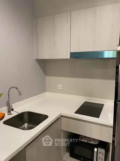Modern kitchen with sleek cabinetry and electric cooktop in a compact layout.