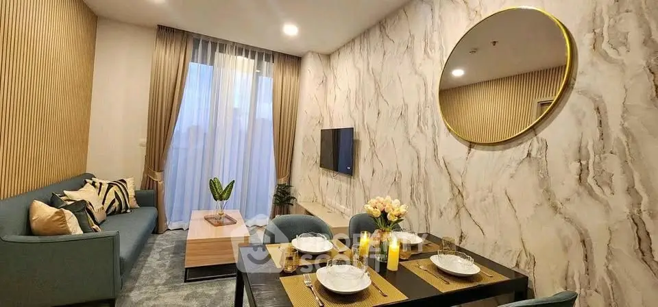 Stylish modern living room with elegant dining area and chic decor