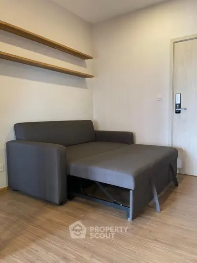 Modern living room with sleek gray sofa bed and wooden shelves, perfect for versatile urban living.