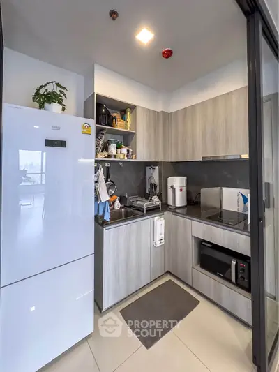 Modern compact kitchen with sleek cabinetry and appliances in a stylish apartment.