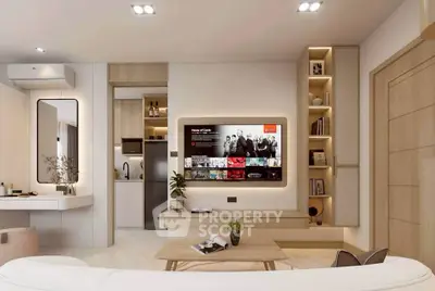 Modern living room with stylish decor and open kitchen layout, featuring a wall-mounted TV and elegant shelving.