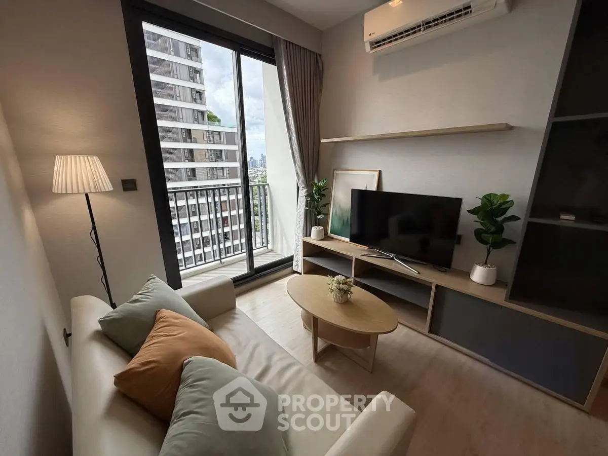Modern living room with balcony view in a stylish apartment