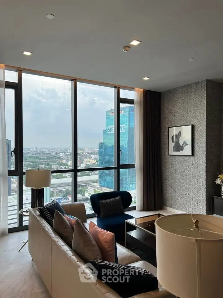 Luxurious living room with stunning city view and modern decor