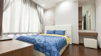 Modern bedroom with stylish decor and natural light