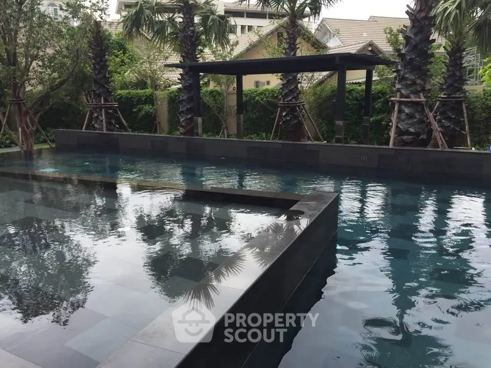 Luxurious outdoor pool area with palm trees and modern design, perfect for relaxation and leisure.