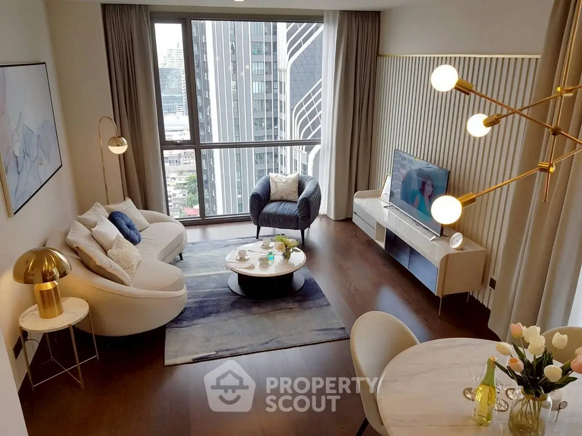 Luxurious modern living room with city view, stylish furniture, and elegant decor.