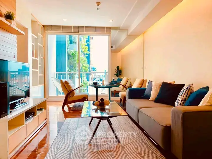 Spacious modern living room with stylish decor and natural light
