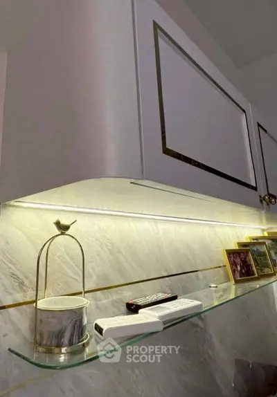 Modern interior shelf with elegant decor and ambient lighting
