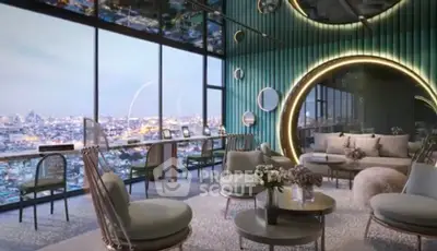 Luxurious modern living room with panoramic city view and stylish decor