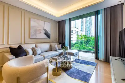 Luxurious modern living room with elegant decor and city view balcony.