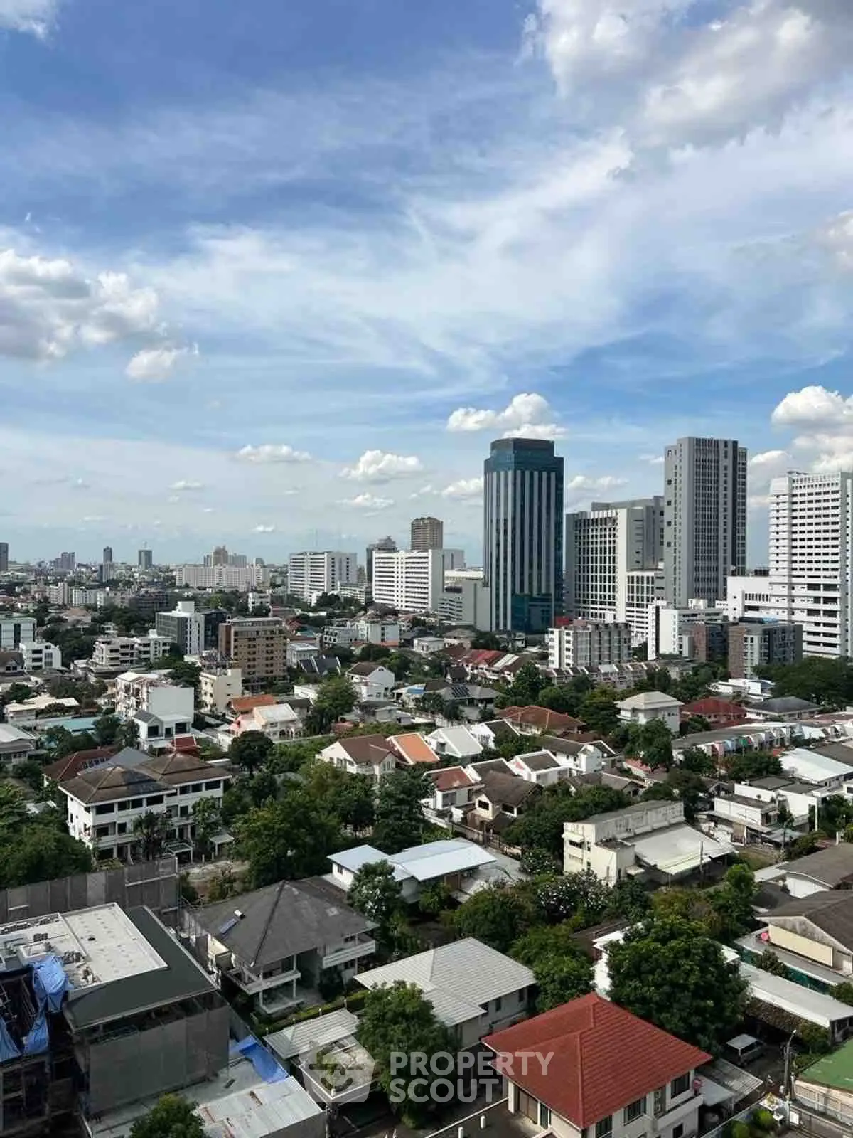 Stunning cityscape view showcasing modern skyscrapers and residential areas under a clear blue sky.